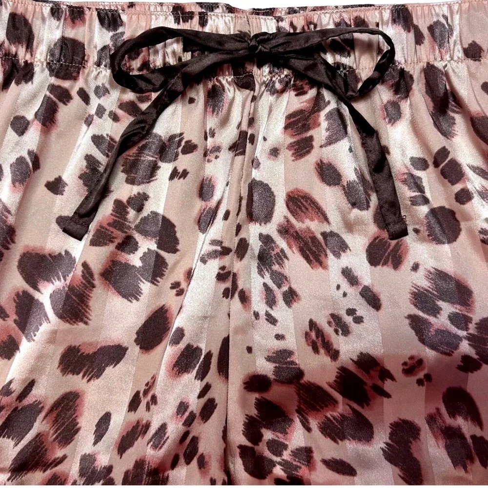 Como Sleep Womens Pink Leopard Striped Satin Pajama Pant Set Button Front Size M